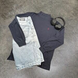 Vintage Polo Ralph Lauren Mock Neck‎ Long Sleeve Shirt Mens Large Navy Blue 90s